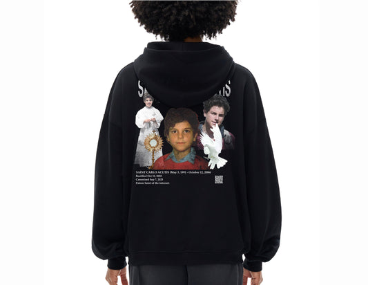 Saint Carlo Acutis Hoodie on model (Back design). Catholic Clothing of saints