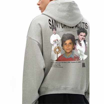 Felpa con cappuccio grigia corta Saint Carlo Acutis 