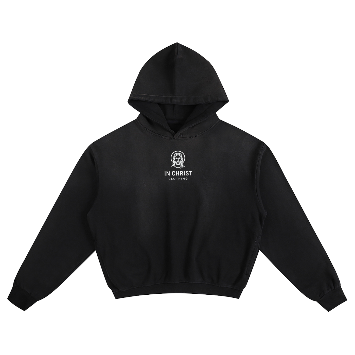 Black sunfade hoodie with 'In Christ Clothing' logo. Catholic Christian clothing brand
