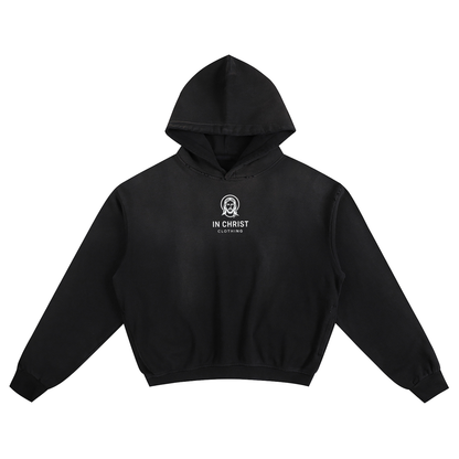Black sunfade hoodie with 'In Christ Clothing' logo. Catholic Christian clothing brand