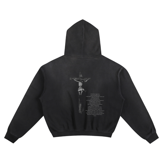 Black hoodie with a graphic design on the back of Jesus on the cross with prayer while in front of a crucifix. Catholic Clothing 