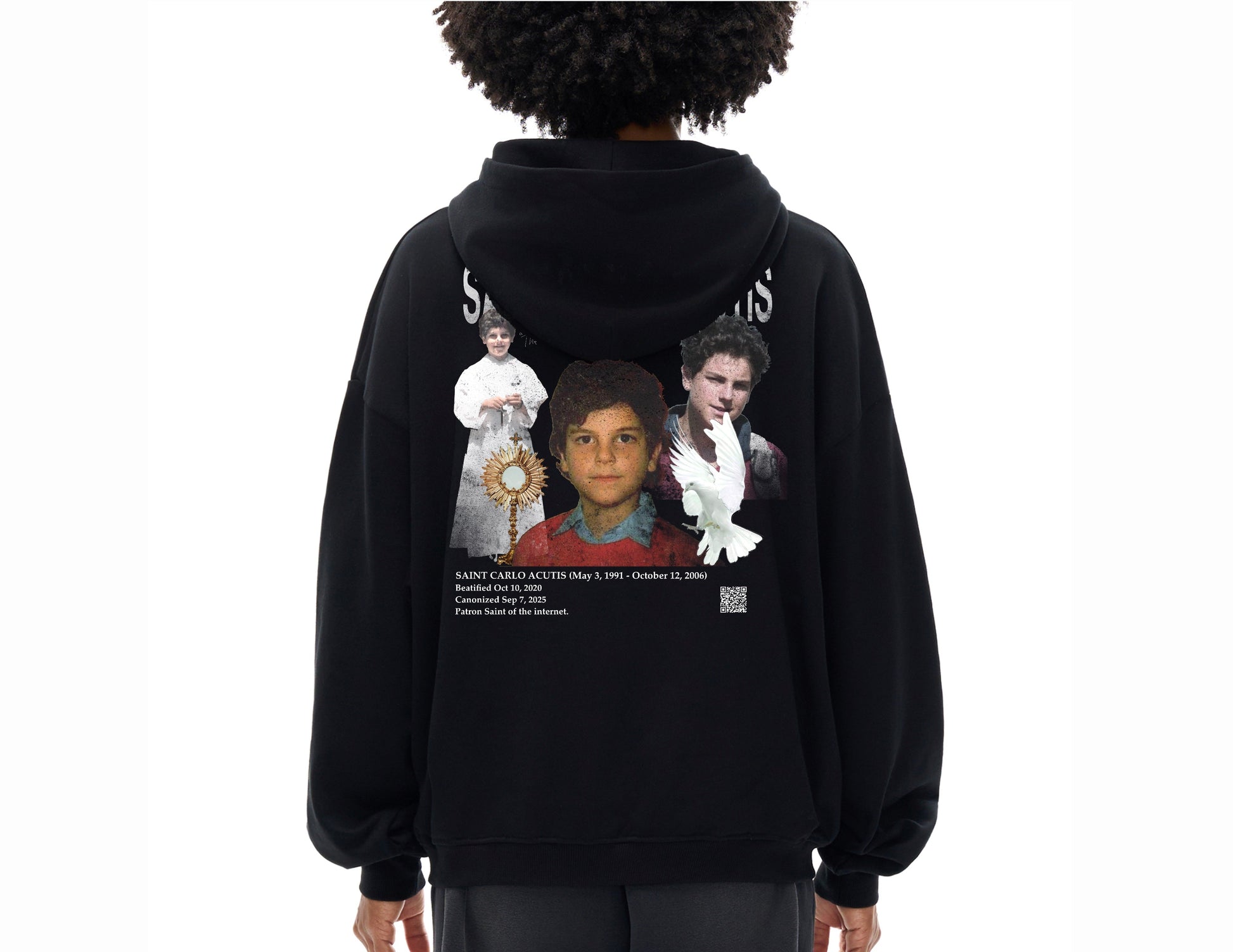 Saint Carlo Acutis Hoodie on model (Back design). Catholic Clothing of saints