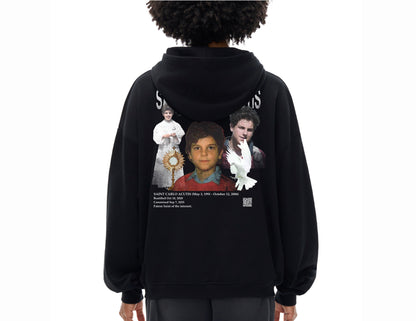 Saint Carlo Acutis Hoodie on model (Back design). Catholic Clothing of saints