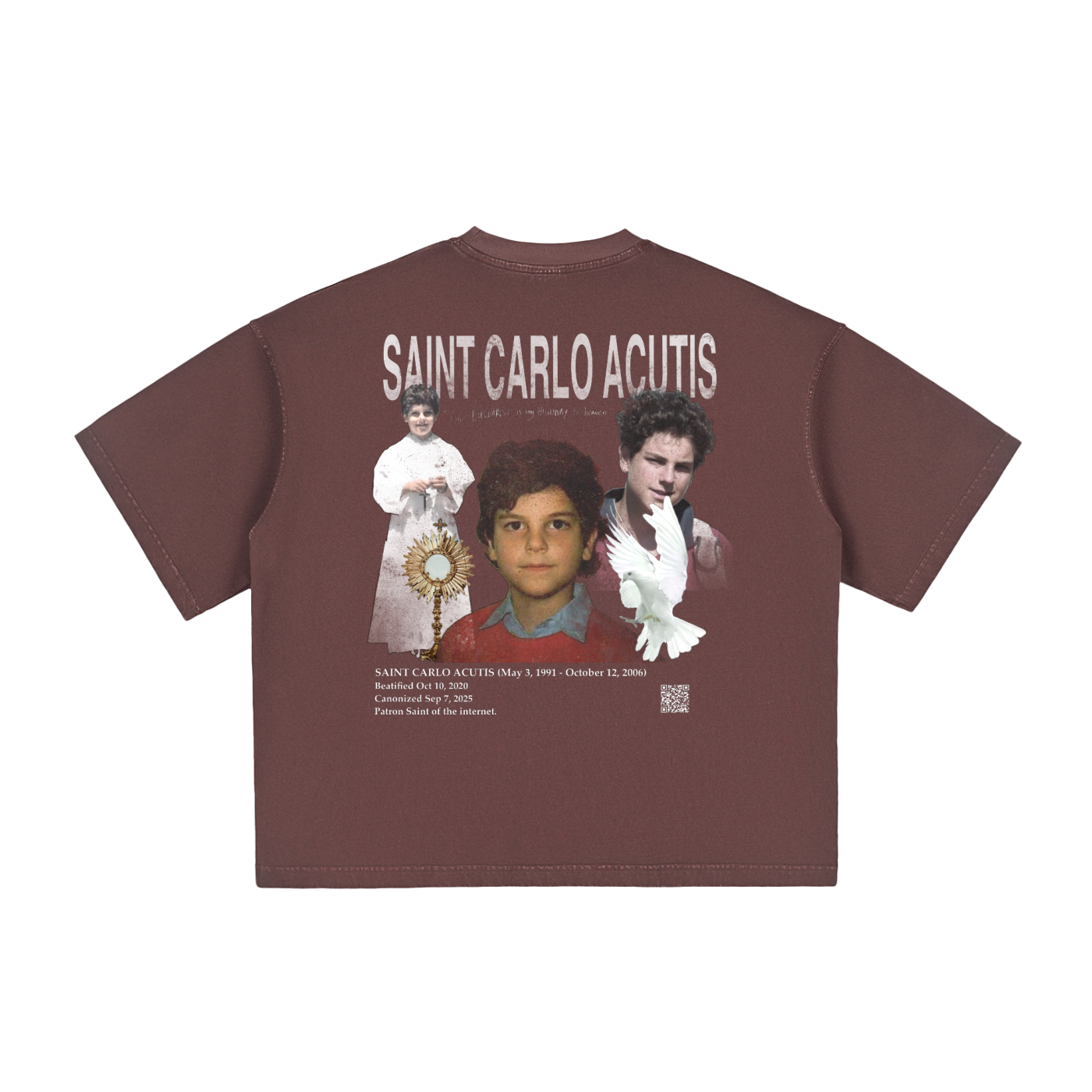 Ume purple t-shirt with graphic design of Saint Carlo Acutis, Catholic Saint