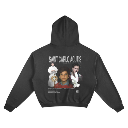 Black hoodie with a Saint Carlo Acutis graphic on the back. Catholic saint clothes