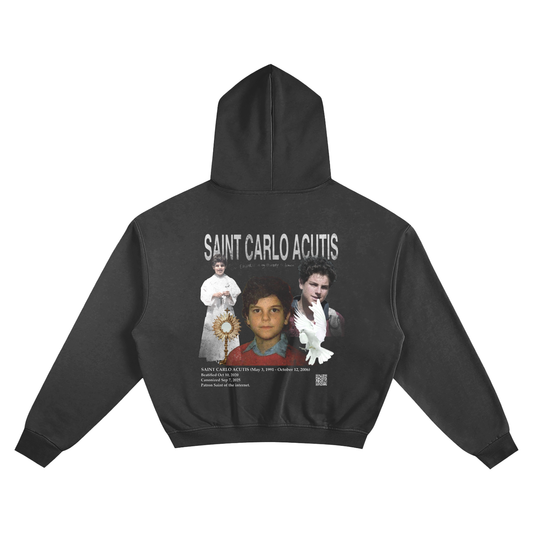 Black hoodie with a Saint Carlo Acutis graphic on the back. Catholic saint clothes