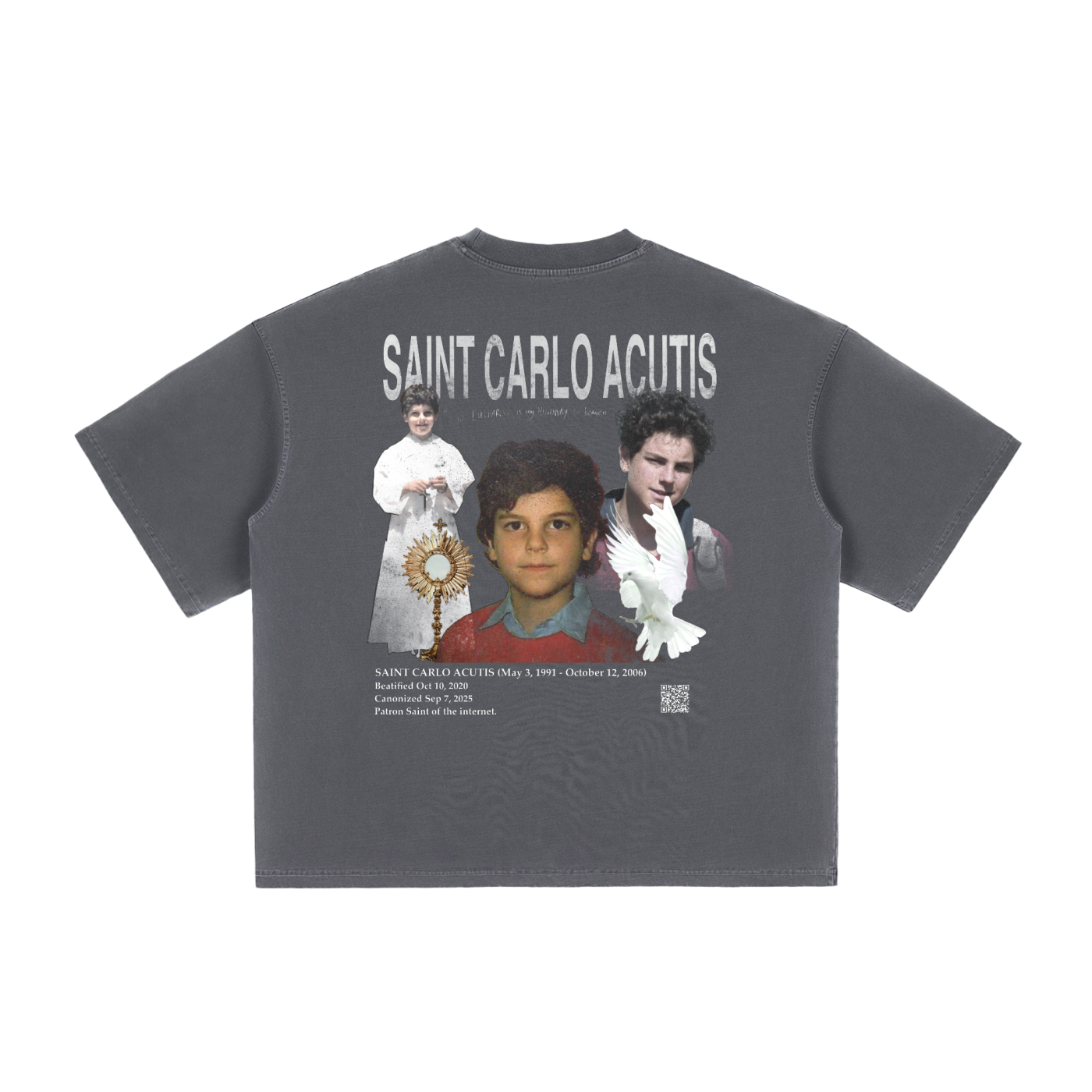 Gray t-shirt with 'Saint Carlo Acutis' graphic design, Catholic Saint clothing