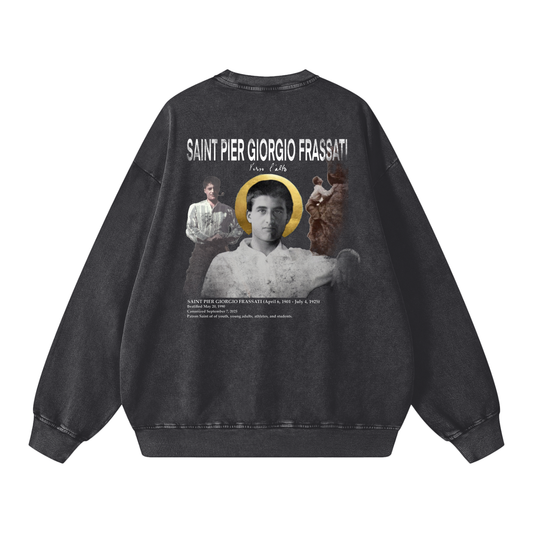 Black sweatshirt with graphic design on the back featuring a portrait and text of Saint Pier Giorgio Frassati, Verso L'alto