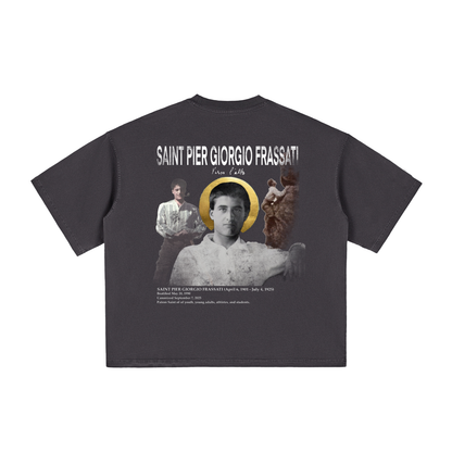 Black t-shirt with graphic design of Saint Pier Giorgio Frassati and text 