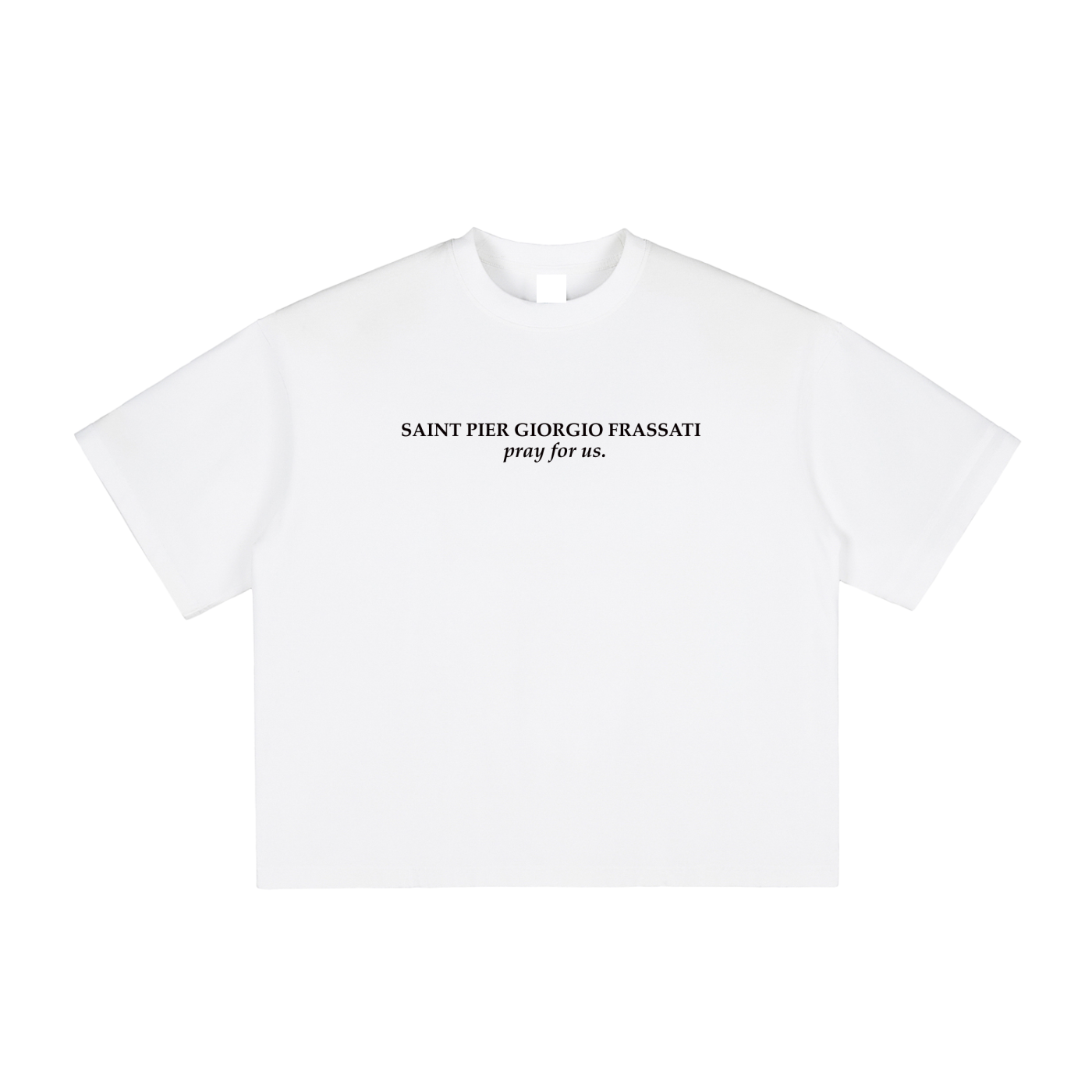 White t-shirt with black text on a white background
