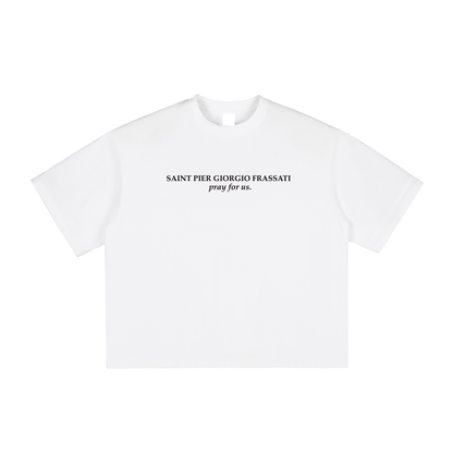 White t-shirt with black text on a white background