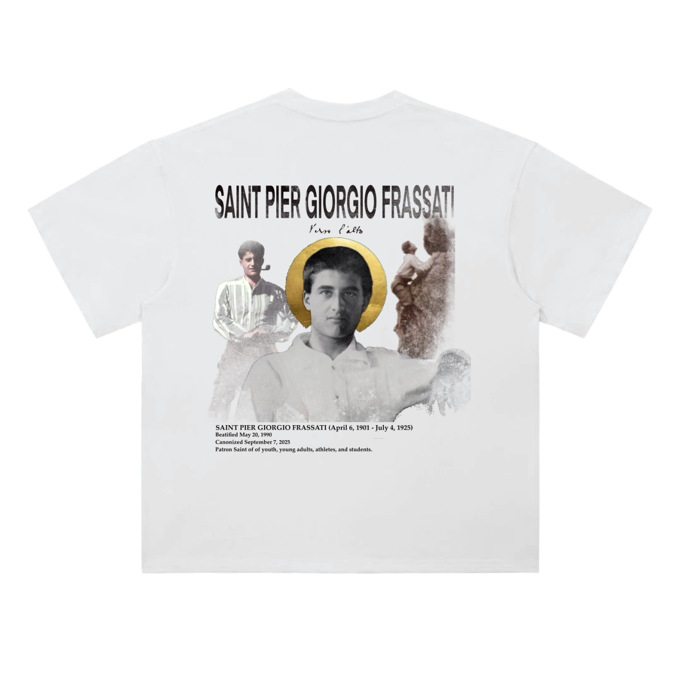 White t-shirt with printed design of Saint Pier Giorgio Frassati verso l'alto